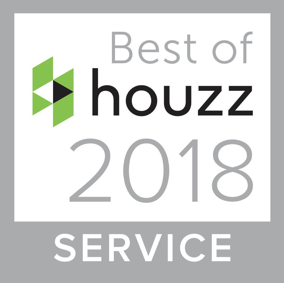 2018 "Best of Houzz Service" award logo with a green and black geometric icon on a gray background.