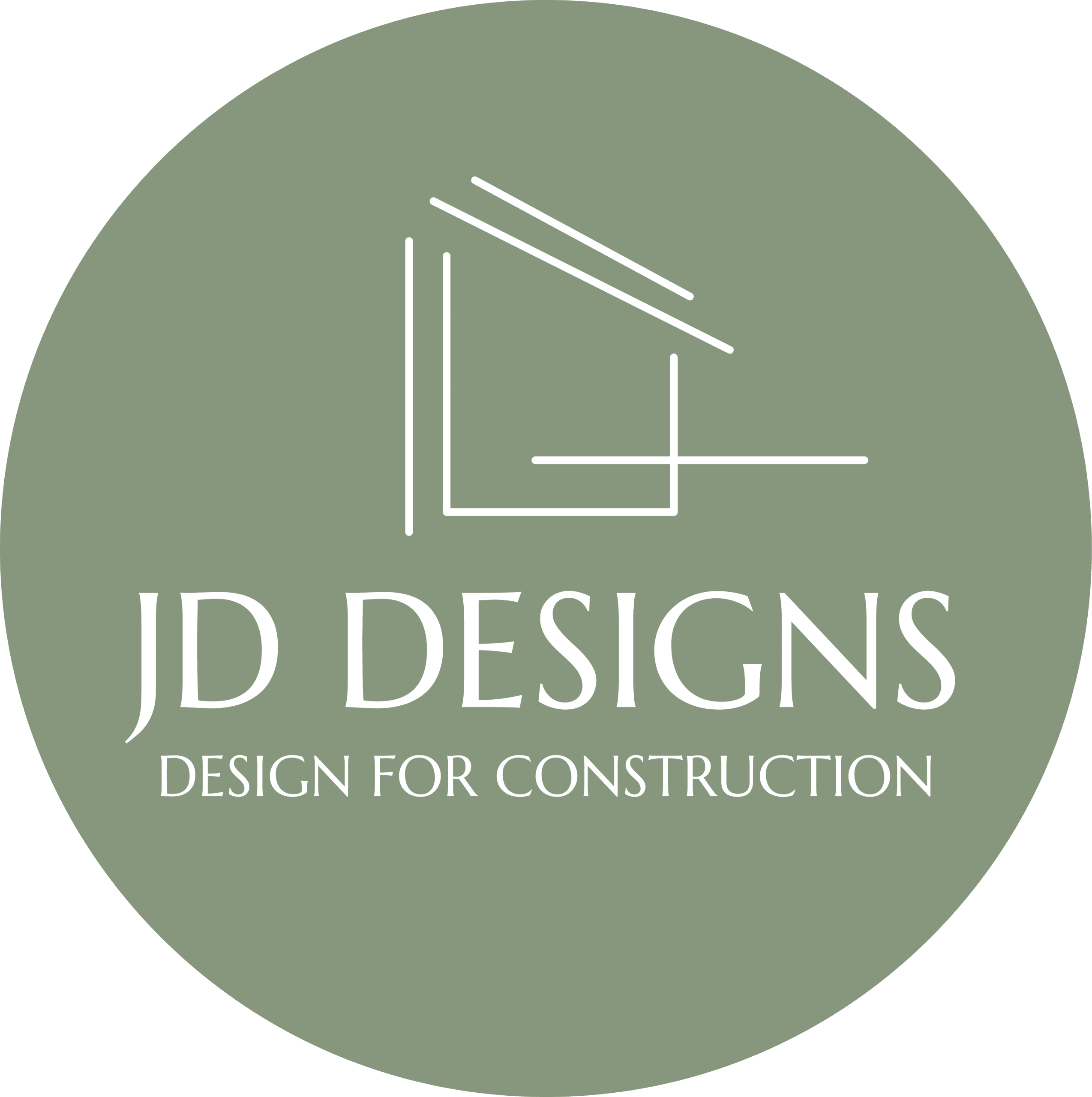 A black circular logo with white text reading "JD DESIGNS" and "DESIGN FOR CONSTRUCTION". An abstract line drawing of a house is above the text.